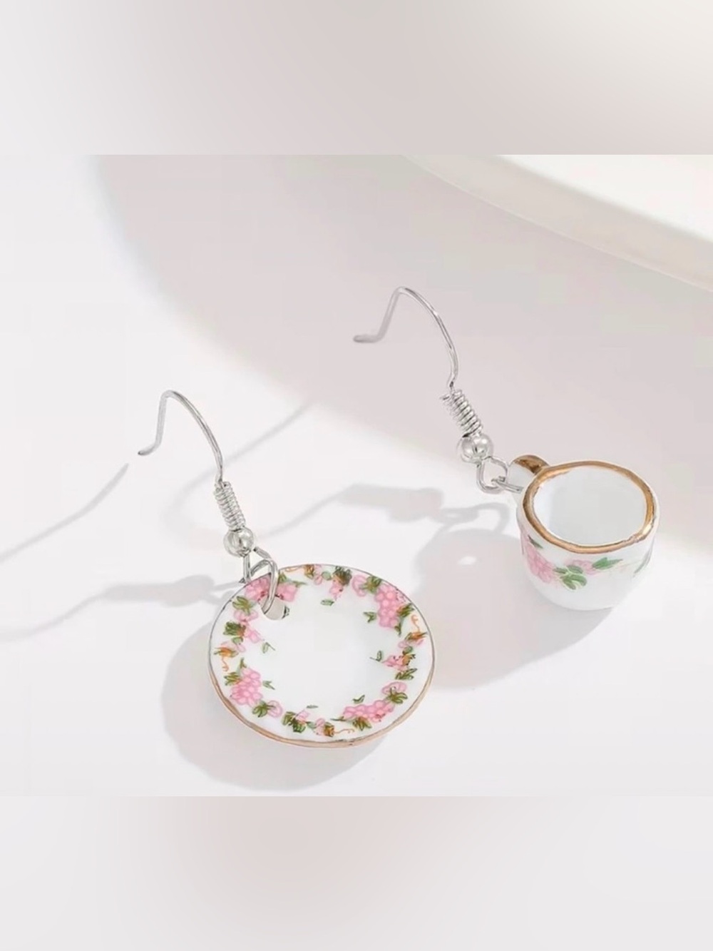 Delicate Pink Floral Tea Cup & Saucer Drop Earrings
